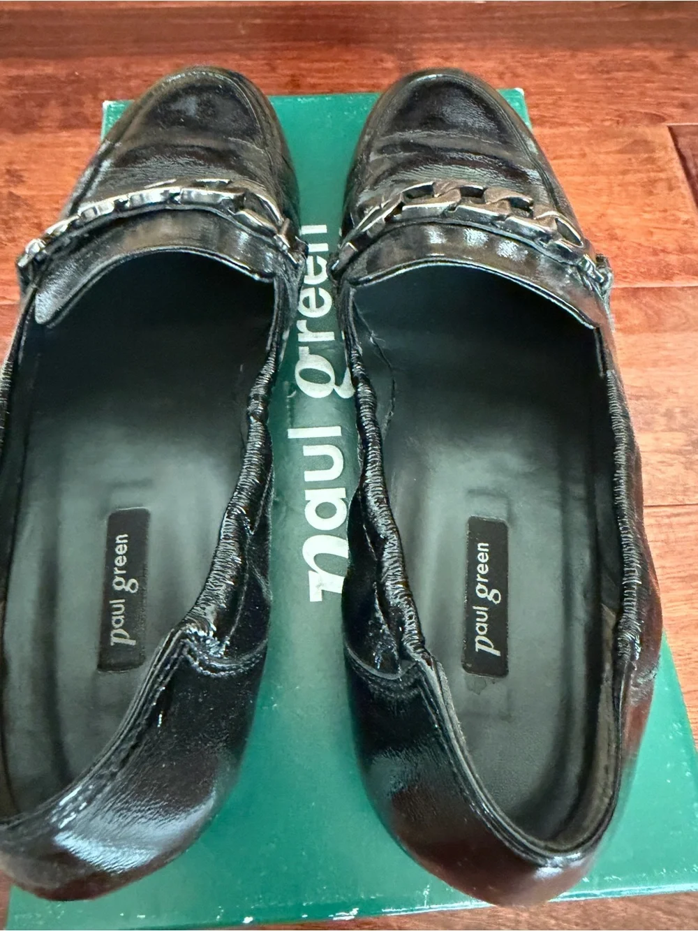 Paul Green Black Patent Leather Chain-Trim Loafers